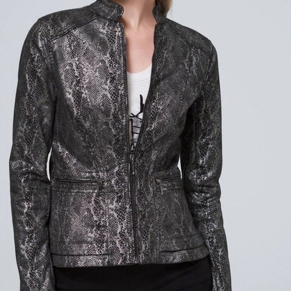 WHBM Gray Faux Leather Foiled Print Peplum Serpent Shine Sz 14 NWT Biker Jacket